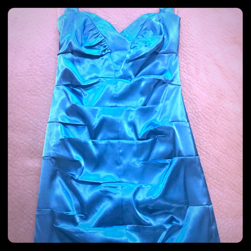 Teal satin dress, Sweetheart neckline w/halter tie